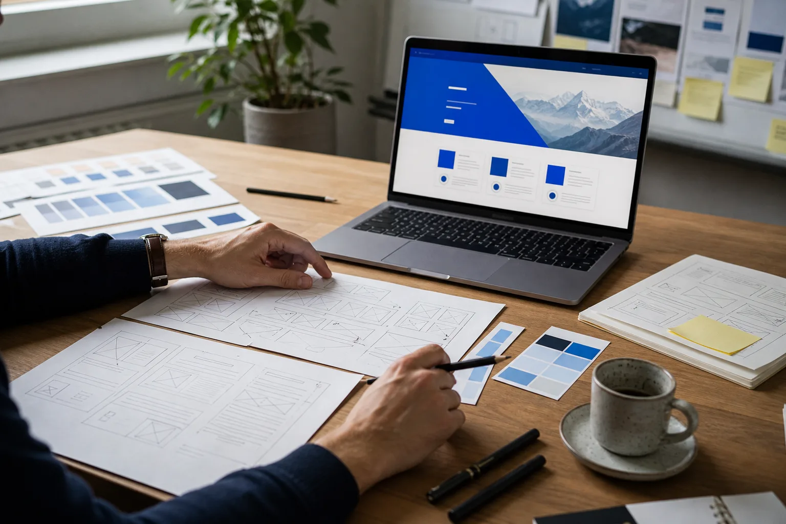Webdesign-Prozess mit Wireframes, Farbmustern und Website-Entwurf